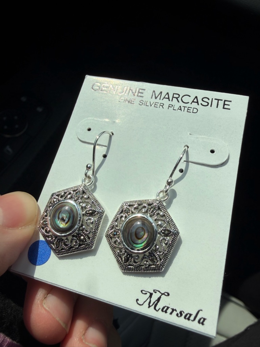 Silver-Plated Hexagon Abalone Drop Earrings - Marsala